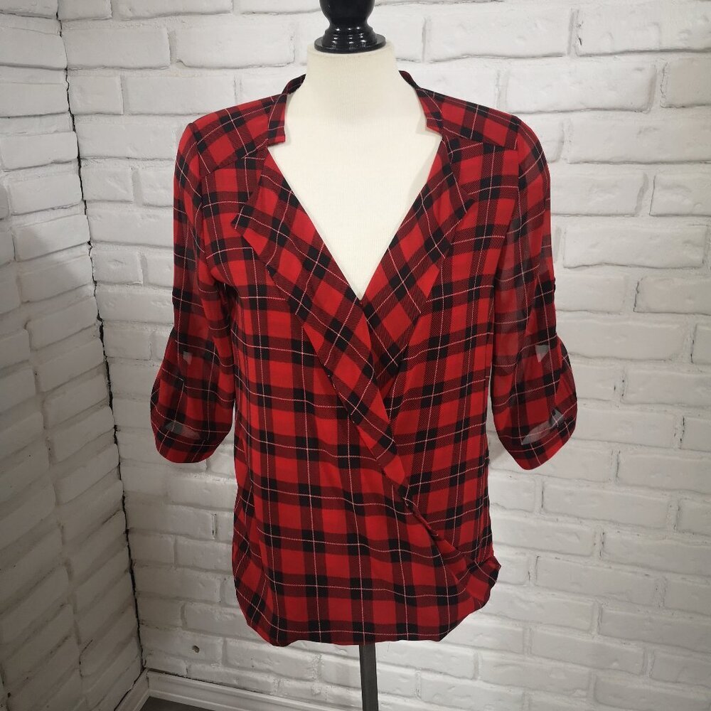 Reitmans Ladies Size Small Red & Black Plaid V-neck 3/4 Sleeves Sheer Blouse